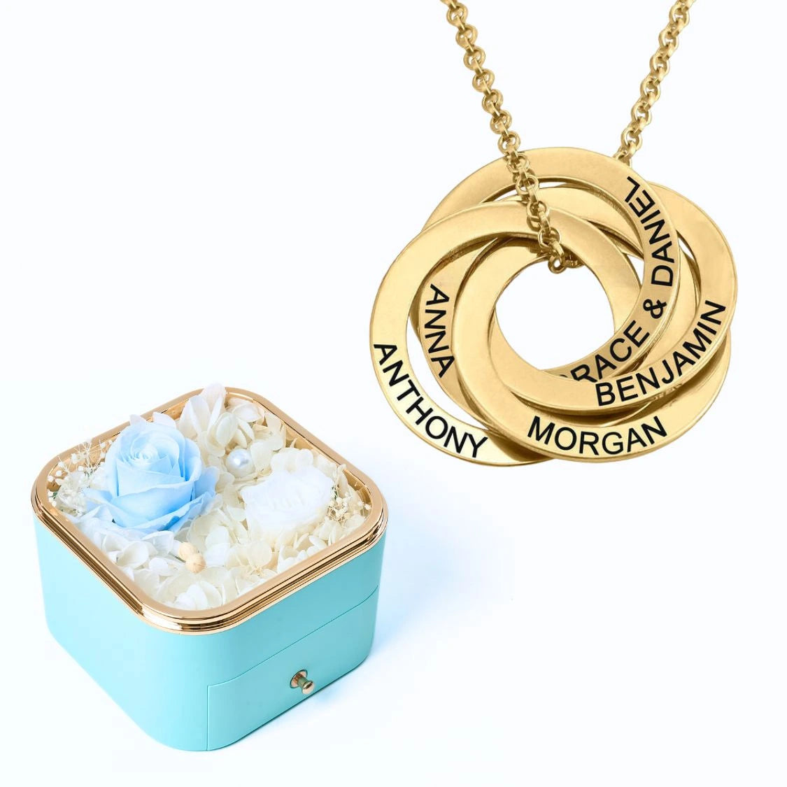 Eternal Happiness Box & Russian Rings Personalized Necklace