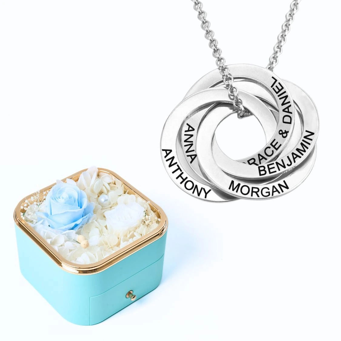 Eternal Happiness Box & Russian Rings Personalized Necklace