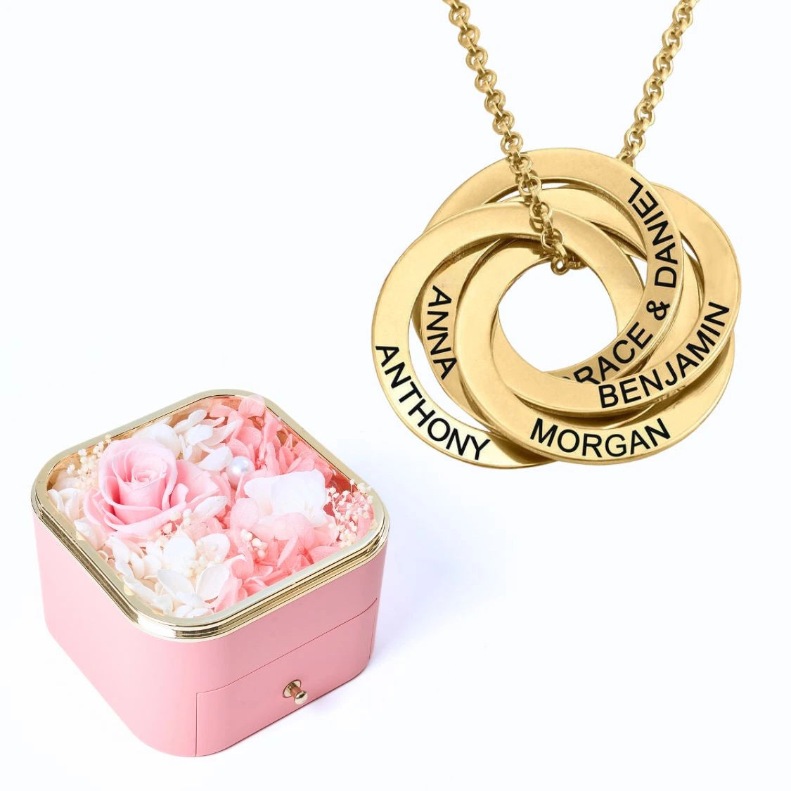 Eternal Happiness Box & Russian Rings Personalized Necklace
