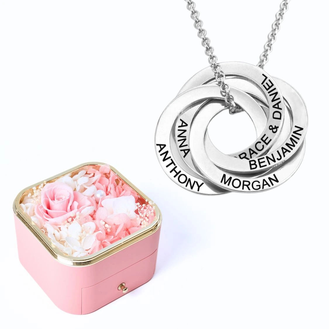 Eternal Happiness Box & Russian Rings Personalized Necklace