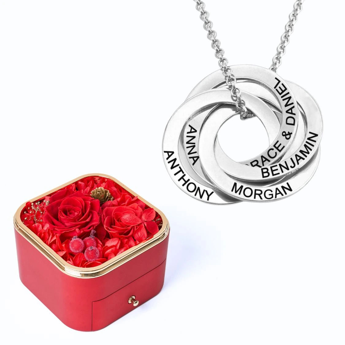 Eternal Happiness Box & Russian Rings Personalized Necklace