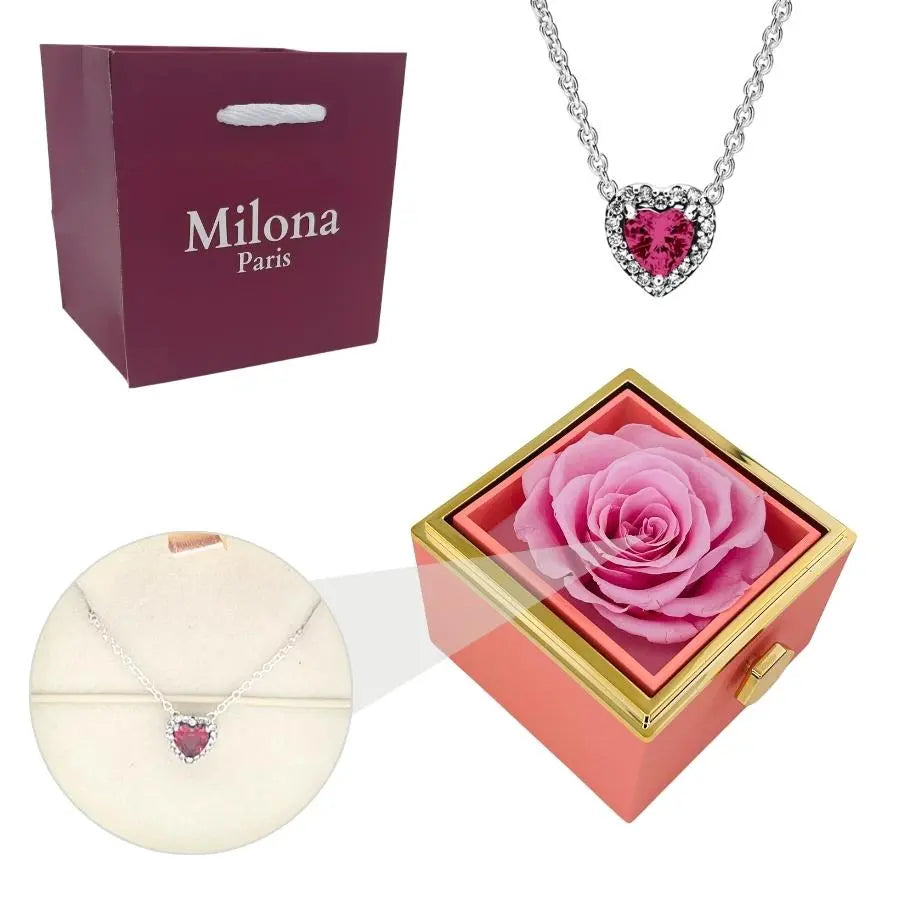 Coffret Rose Éternelle & Collier Cœur Éternel