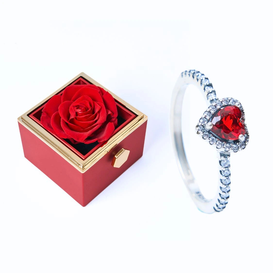 Coffret Rose Éternelle et Bague Cœur Éternel