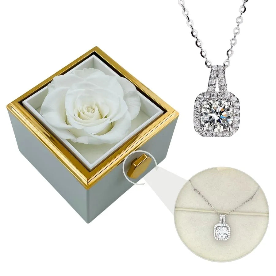 Scatola Rose Eterne e Collana in Argento e Moissanite